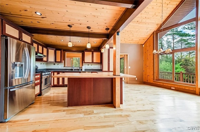 kitchen with appliances with stainless steel finishes, light wood-type flooring, wood ceiling, decorative light fixtures, and wood walls