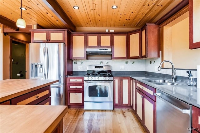 kitchen featuring wood counters, appliances with stainless steel finishes, sink, decorative light fixtures, and wooden ceiling