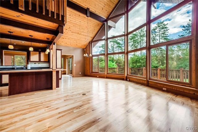 interior space featuring expansive windows, light hardwood / wood-style flooring, and high vaulted ceiling