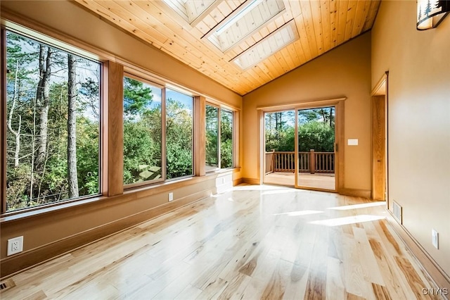 unfurnished sunroom featuring vaulted ceiling with skylight and wood ceiling