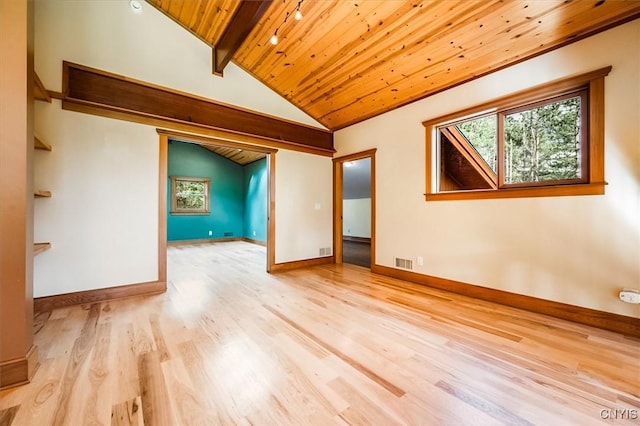 spare room featuring lofted ceiling with beams, light wood-type flooring, and wooden ceiling