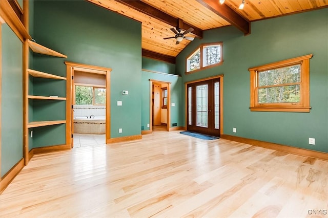 entryway with ceiling fan, light hardwood / wood-style flooring, high vaulted ceiling, and wood ceiling