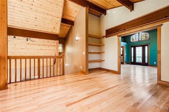 interior space with hardwood / wood-style floors, beam ceiling, high vaulted ceiling, and wood ceiling