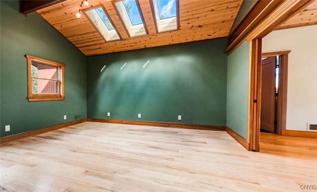 bonus room with vaulted ceiling with skylight, light wood-type flooring, and wooden ceiling