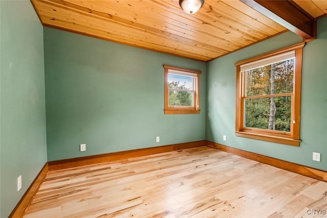 unfurnished room with beam ceiling, light hardwood / wood-style flooring, and wood ceiling