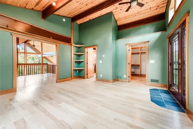 interior space with ceiling fan, high vaulted ceiling, wood ceiling, and light wood-type flooring