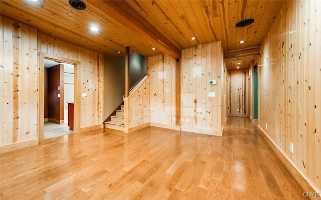 basement with wood-type flooring, wood walls, and wood ceiling