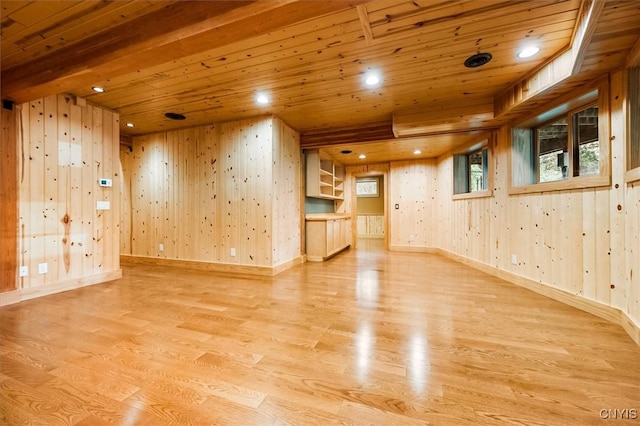 unfurnished living room with light wood-type flooring and wooden ceiling