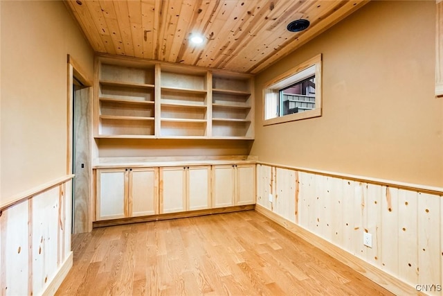 interior space featuring light hardwood / wood-style floors and wood ceiling