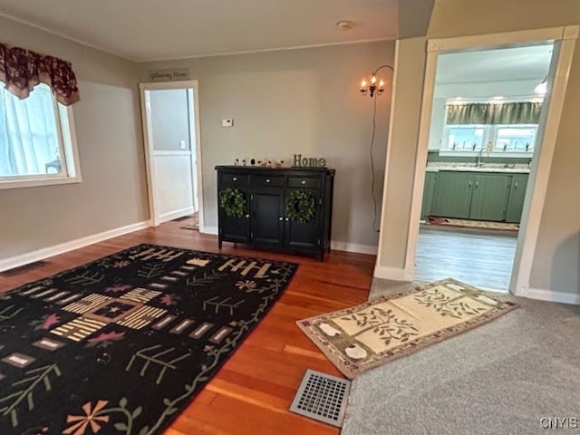 interior space featuring hardwood / wood-style flooring, a chandelier, and sink