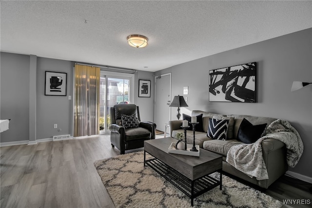 living room with a textured ceiling and hardwood / wood-style flooring