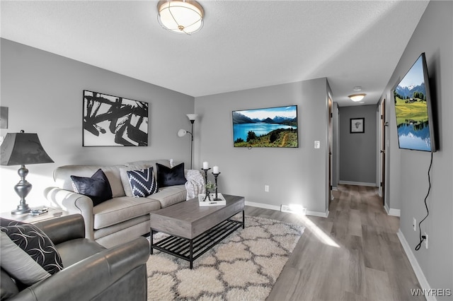 living room featuring a textured ceiling and light wood-type flooring