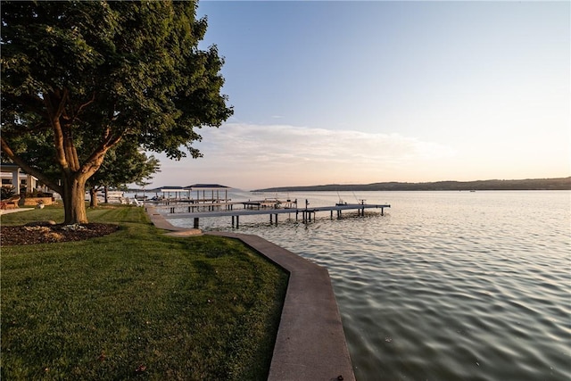 dock area featuring a yard and a water view