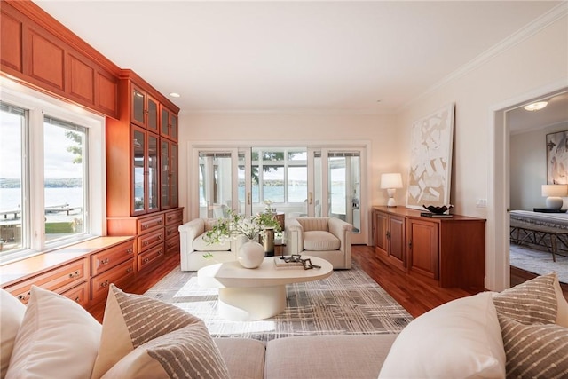 living room featuring ornamental molding and light wood finished floors