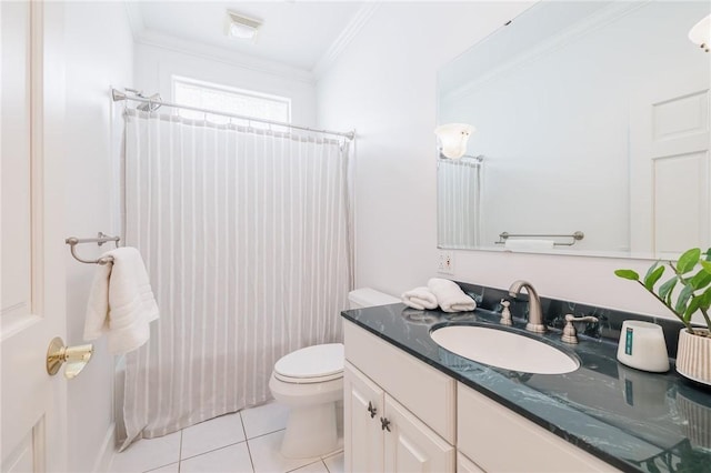 full bathroom featuring a shower with curtain, toilet, crown molding, tile patterned flooring, and vanity