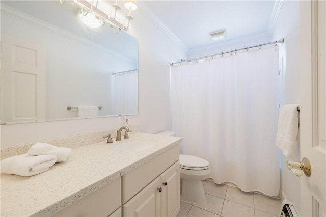 full bath with tile patterned floors, toilet, ornamental molding, and vanity