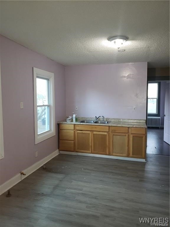 kitchen with dark wood-type flooring, a textured ceiling, and radiator