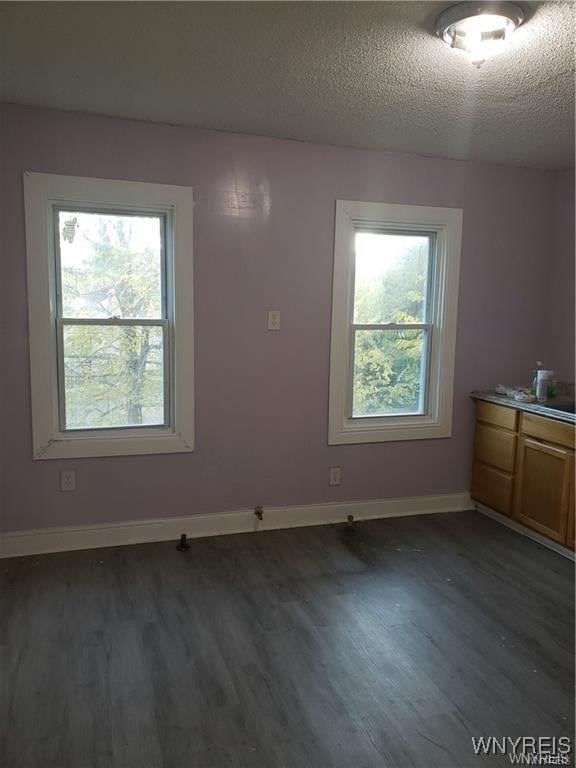 empty room featuring a textured ceiling and dark hardwood / wood-style flooring