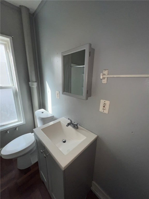 bathroom with toilet, vanity, hardwood / wood-style flooring, and a healthy amount of sunlight