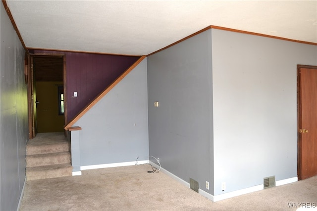 interior space with ornamental molding and carpet floors