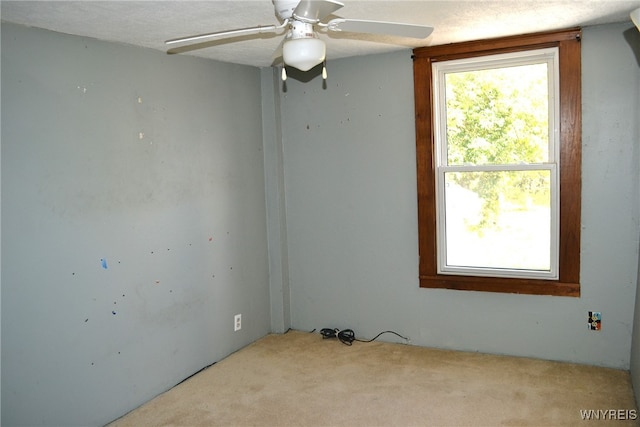 unfurnished room with light carpet, ceiling fan, and a textured ceiling