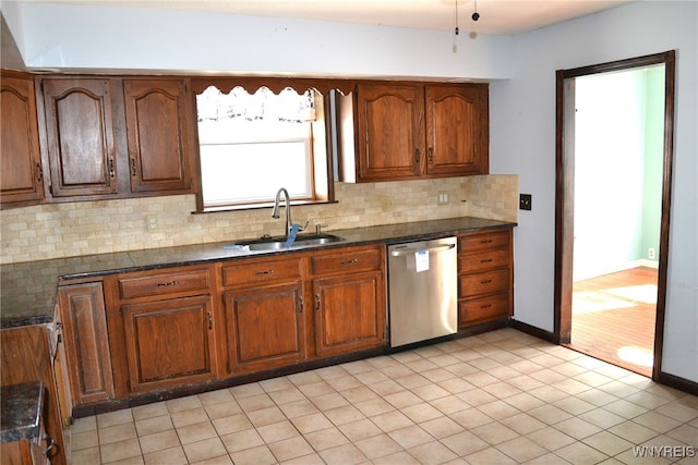 kitchen with decorative backsplash, stainless steel dishwasher, sink, dark stone counters, and light hardwood / wood-style flooring