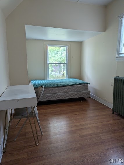 bedroom featuring lofted ceiling, dark wood-type flooring, and radiator heating unit