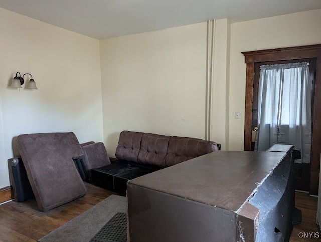 living room with dark hardwood / wood-style flooring