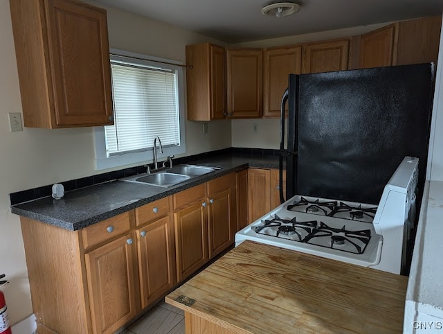 kitchen with black fridge, sink, and white gas stove