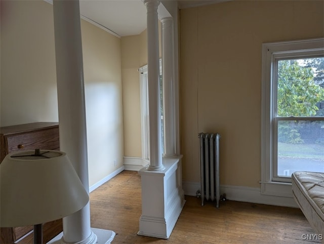 details featuring ornamental molding, hardwood / wood-style flooring, decorative columns, and radiator heating unit