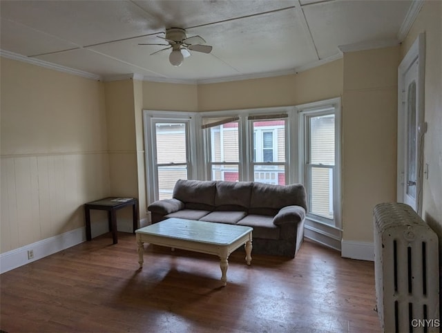 living room with wooden walls, ceiling fan, hardwood / wood-style floors, crown molding, and radiator