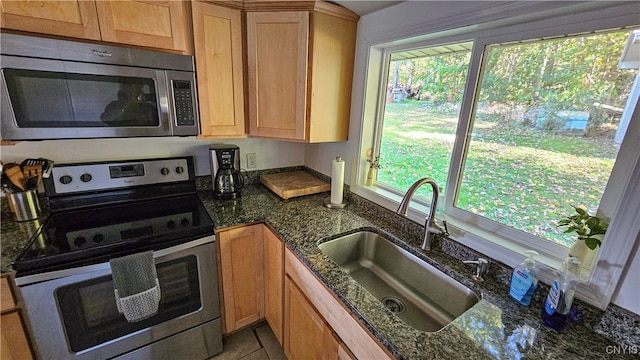 kitchen with appliances with stainless steel finishes, a wealth of natural light, and dark stone counters