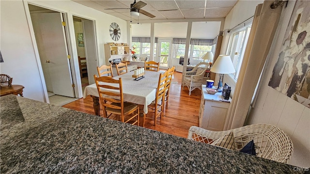 dining area featuring a paneled ceiling, wood-type flooring, and ceiling fan