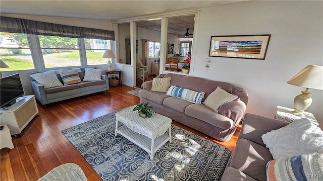 living room with dark hardwood / wood-style floors