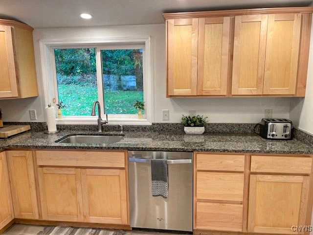 kitchen featuring stainless steel dishwasher, sink, and light brown cabinets