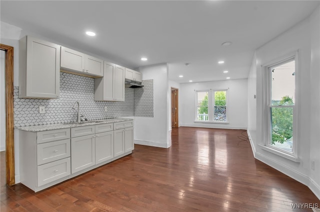 kitchen with light stone counters, white cabinetry, sink, and dark hardwood / wood-style flooring