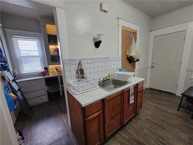 kitchen featuring decorative backsplash, ornamental molding, sink, and dark hardwood / wood-style floors