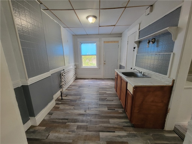 bathroom with vanity, wood-type flooring, and a drop ceiling