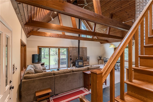 living room featuring a wood stove, high vaulted ceiling, beam ceiling, and wooden ceiling