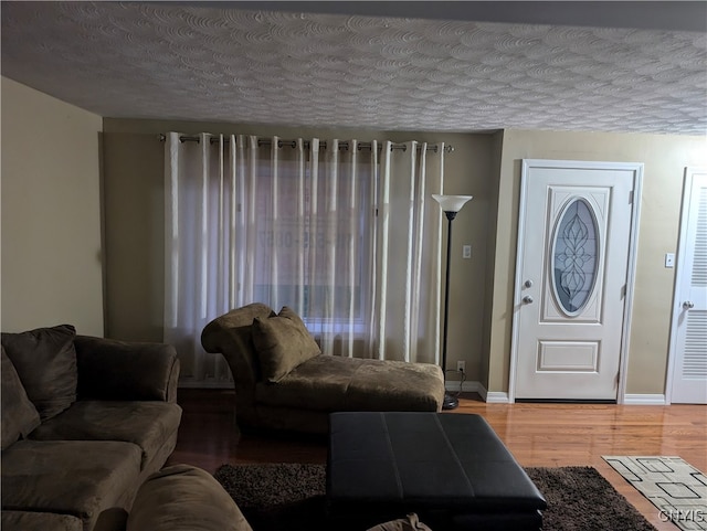 living room with wood-type flooring and a textured ceiling