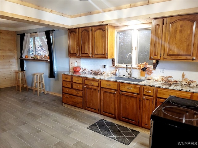 kitchen with sink, black / electric stove, and light stone counters