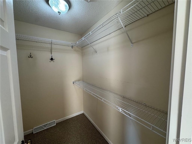 spacious closet with dark colored carpet and visible vents