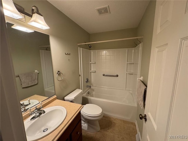 full bath featuring visible vents, toilet, tile patterned floors, a textured ceiling, and vanity