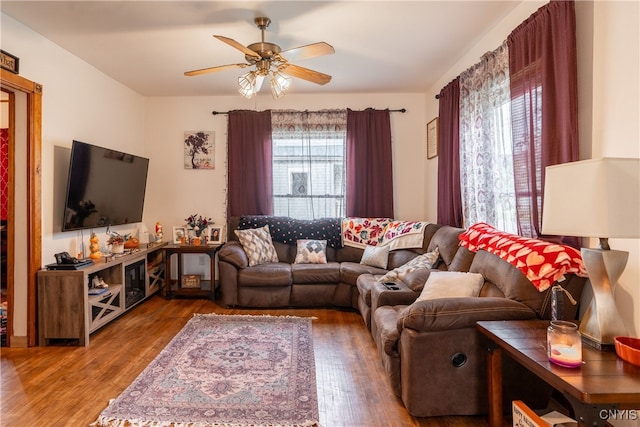 living room featuring hardwood / wood-style floors, a healthy amount of sunlight, and ceiling fan