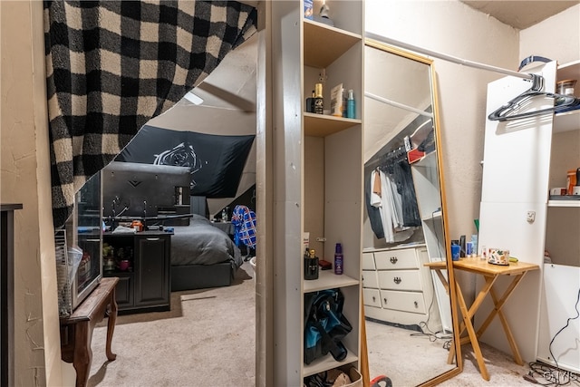 bedroom featuring light carpet