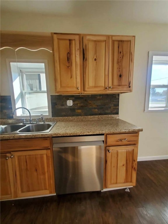 kitchen featuring sink, decorative backsplash, dishwasher, and dark hardwood / wood-style floors