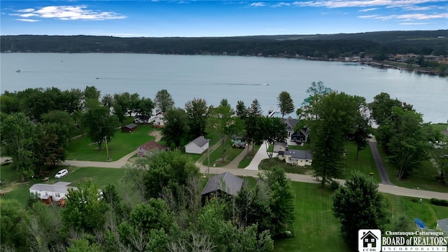 birds eye view of property with a water view