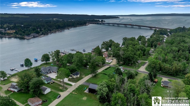 aerial view featuring a water view