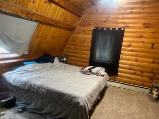 carpeted bedroom with beamed ceiling, wooden ceiling, and log walls