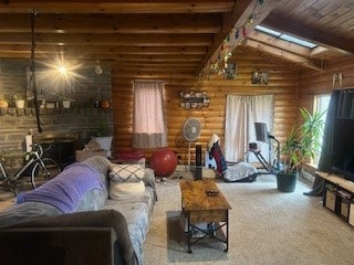 carpeted living room featuring log walls and lofted ceiling with skylight